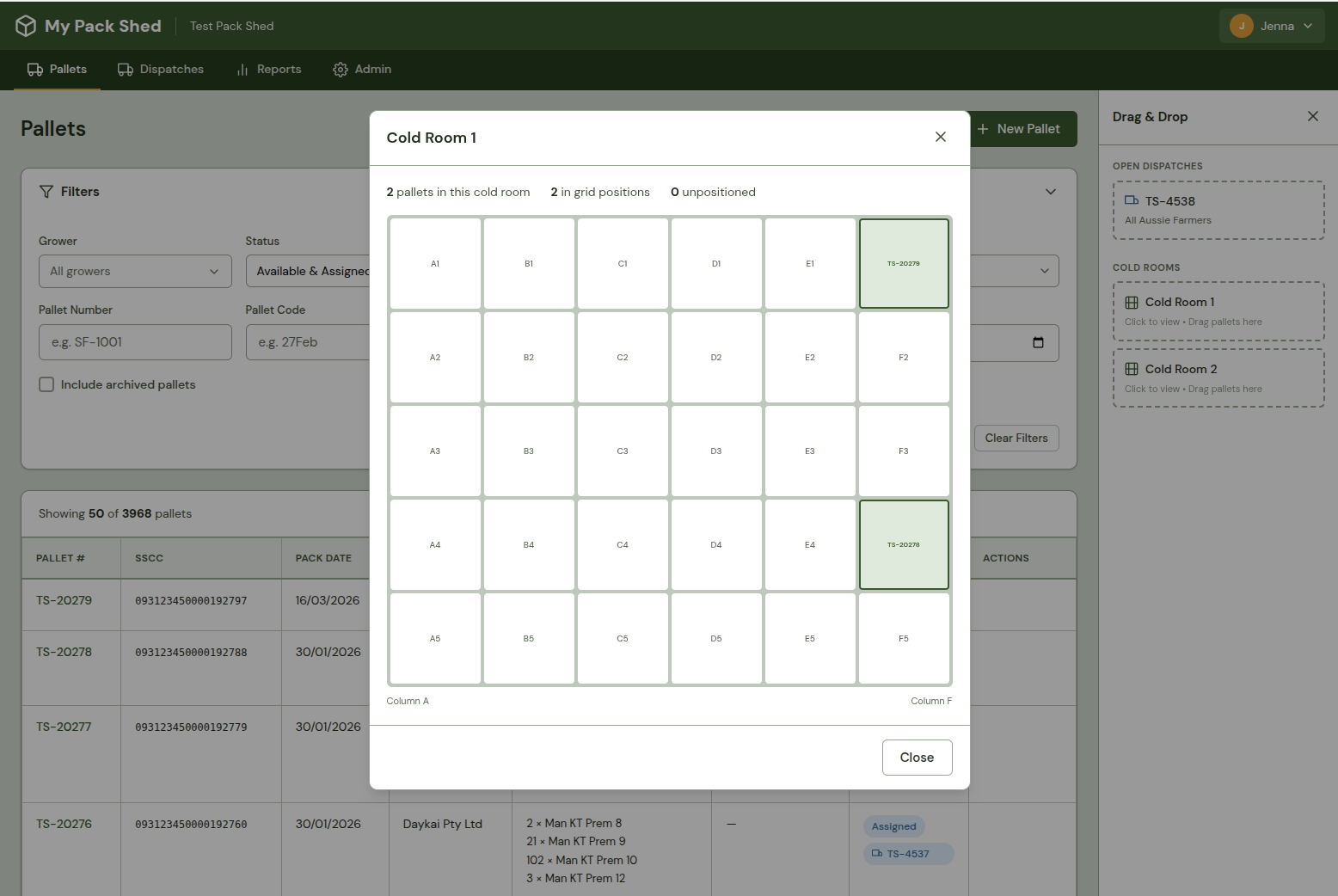 Pallets filtered by cold room