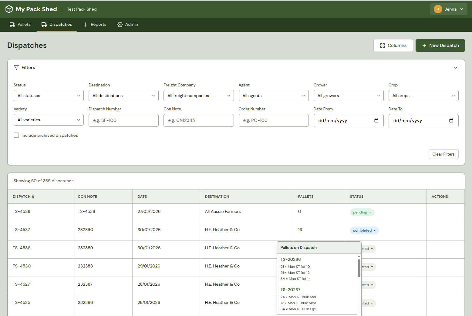 Dispatch view with pallets