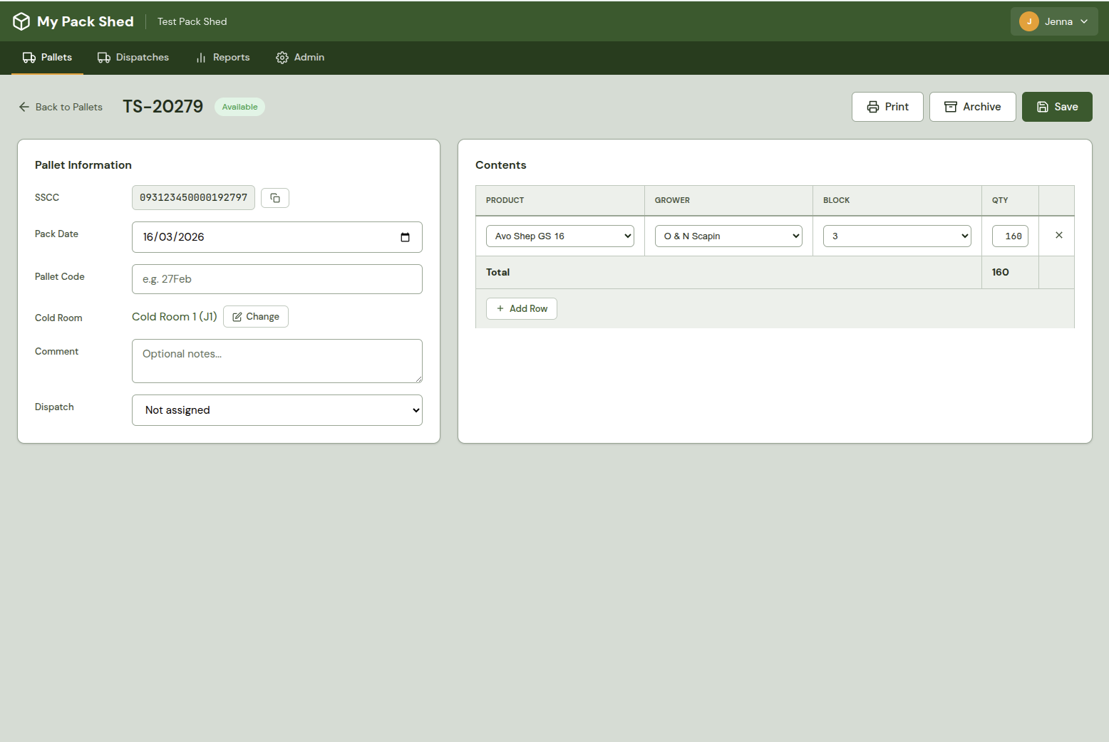 Pallet creation form